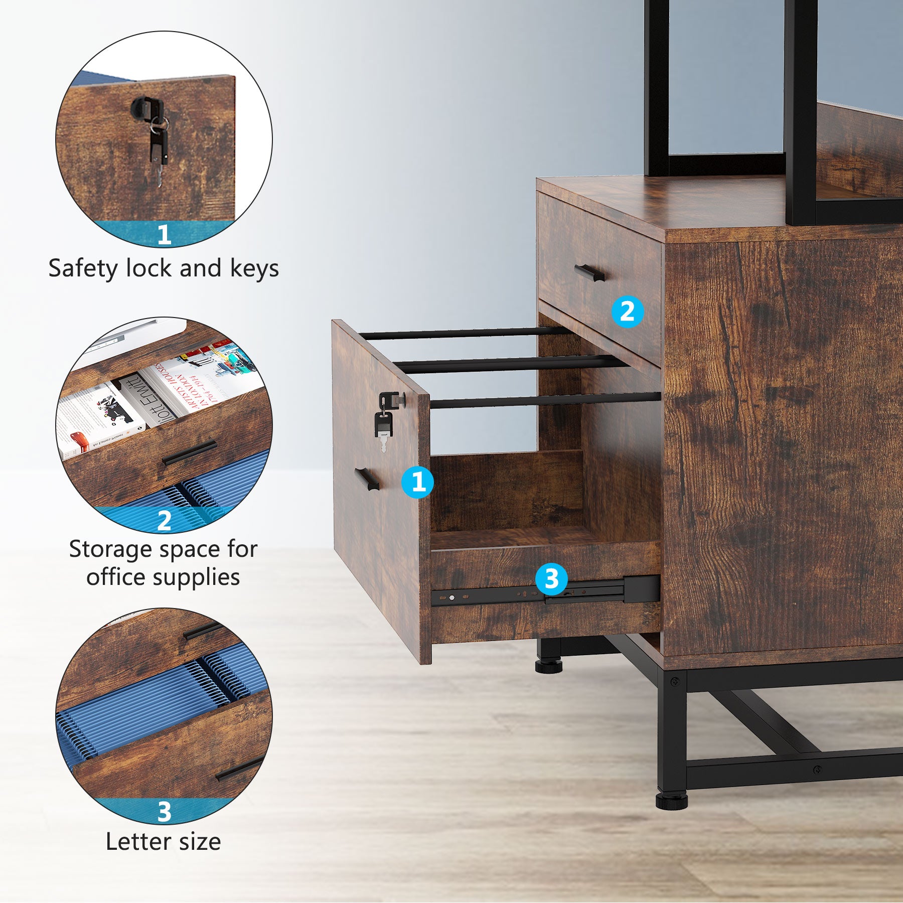 Vertical File Cabinet with 2 Drawers & Bookshelf